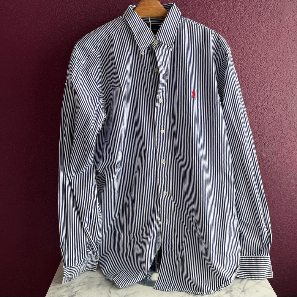 POLO by RALPH LAUREN Size L Blue White Stripe Cotton Long Sleeve Shirt
